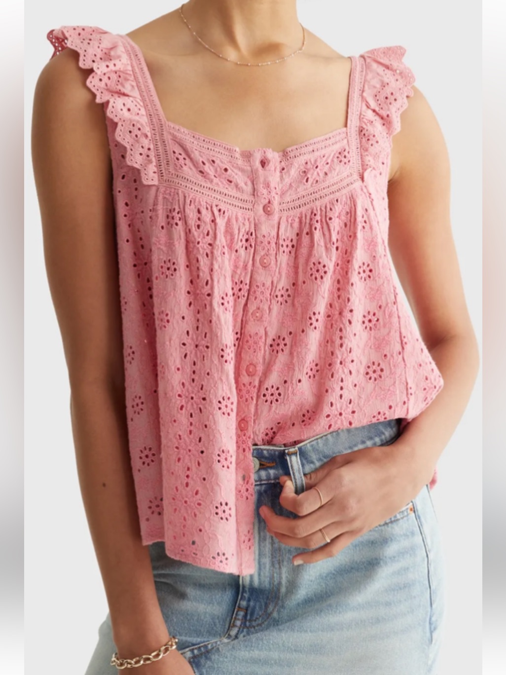 Lucky Brand Pink Eyelet Embroidered Tank Small. Ruffled Straps, Front Buttons.